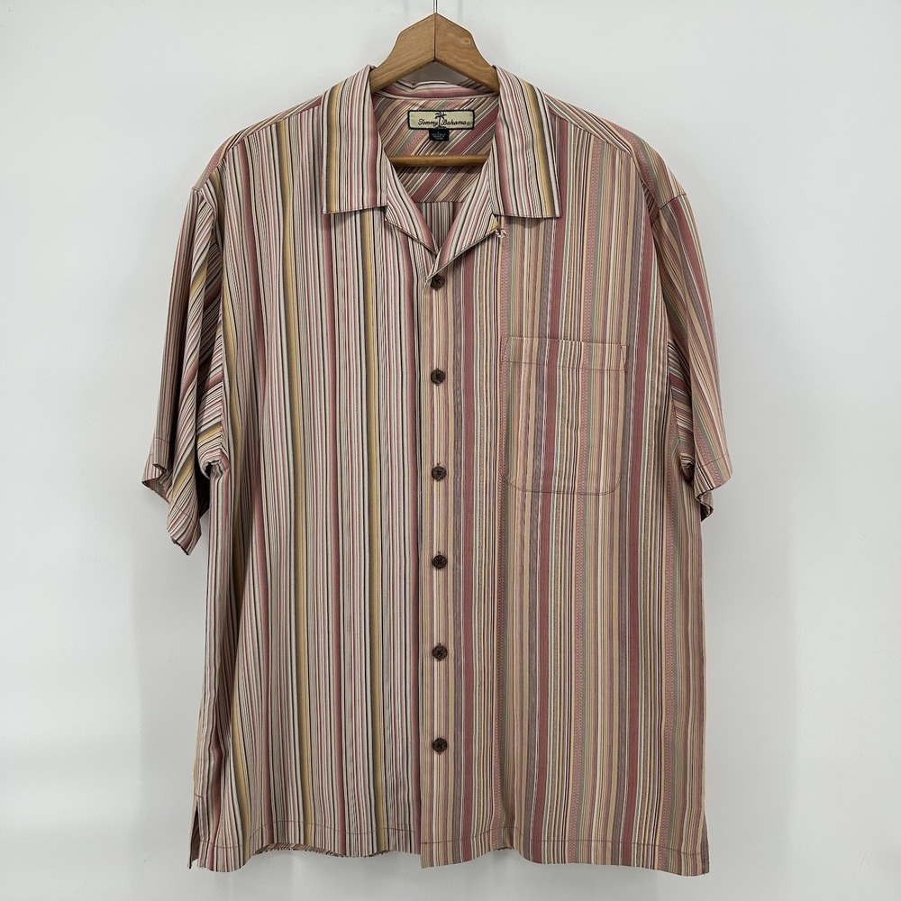 Tommy Bahama‎ Silk Shirt Mens L Relax Fit Striped Camp Dadcore Beach Earth Tone